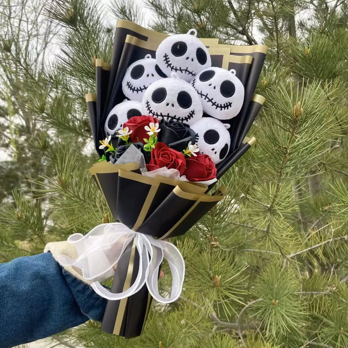 Halloween Jack Skellington Plush Doll Toy With Flowers Bouquet Stuffed Animals Valentine Christmas Graduation Gift