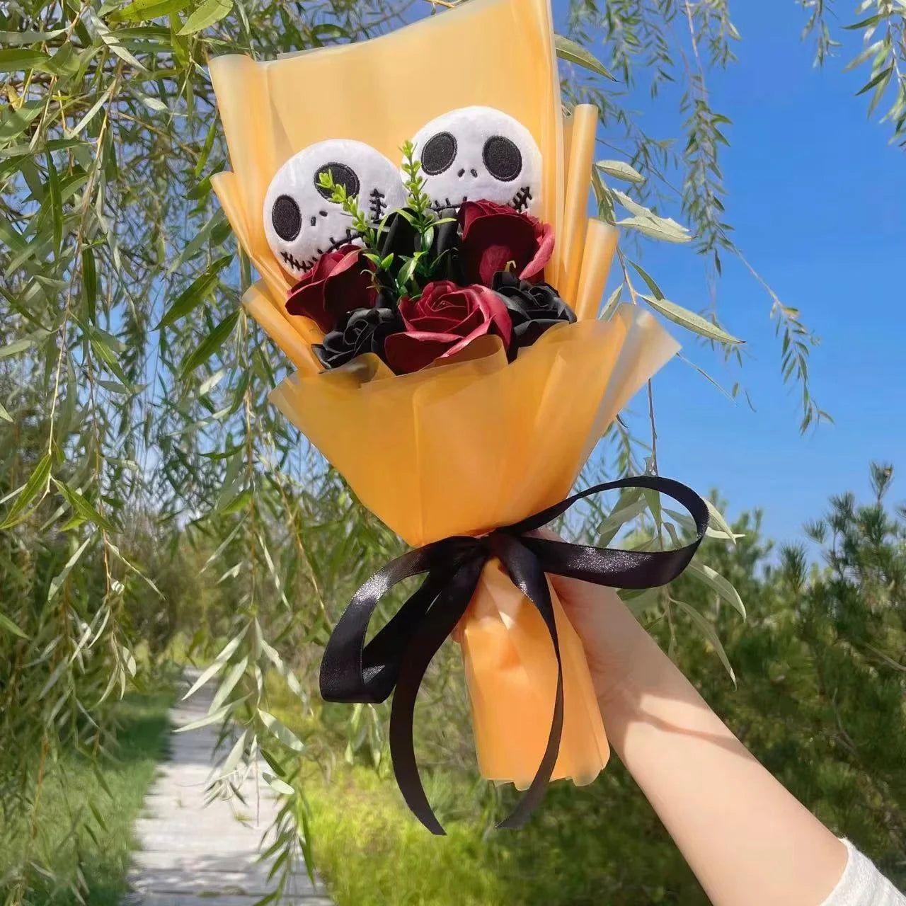 Halloween Jack Skellington Plush Doll Toy With Flowers Bouquet Stuffed Animals Valentine Christmas Graduation Gift